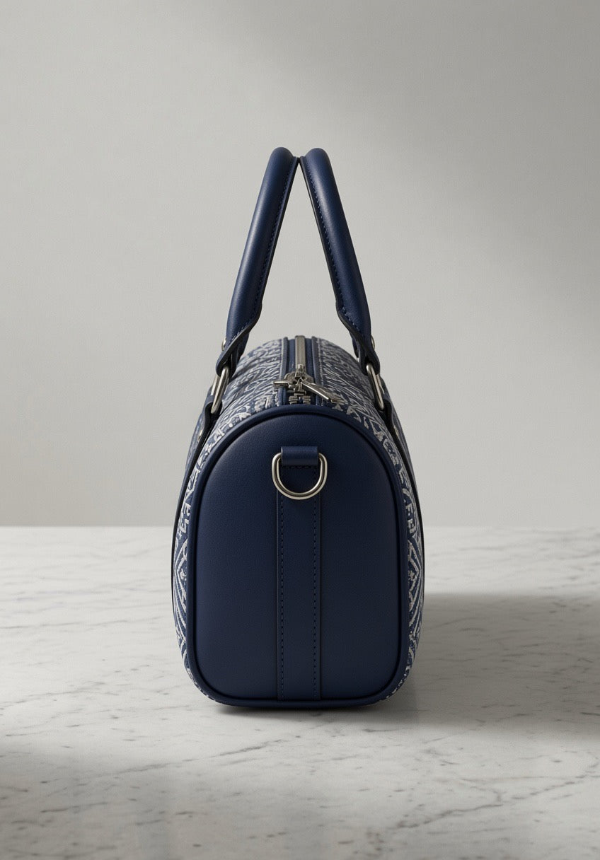 Sac à Main "Blue Zellige" – Jacquard Bleu Marine & Cuir Marine