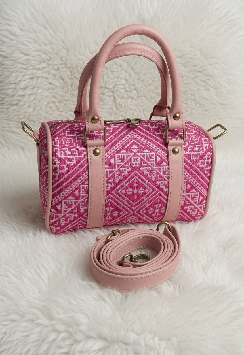 Sac à Main "Pink Zellige" – Jacquard Rose & Cuir Poudré