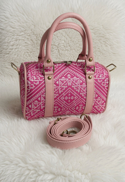 Sac à Main "Pink Zellige" – Jacquard Rose & Cuir Poudré