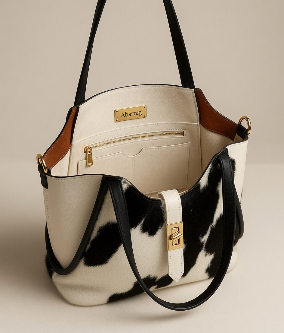 Sac à Main "Savannah" – Peau de Vache Noir & Blanc