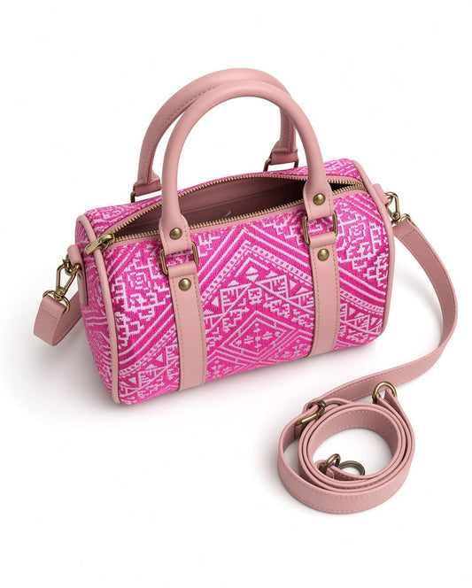 Sac à Main "Pink Zellige" – Jacquard Rose & Cuir Poudré