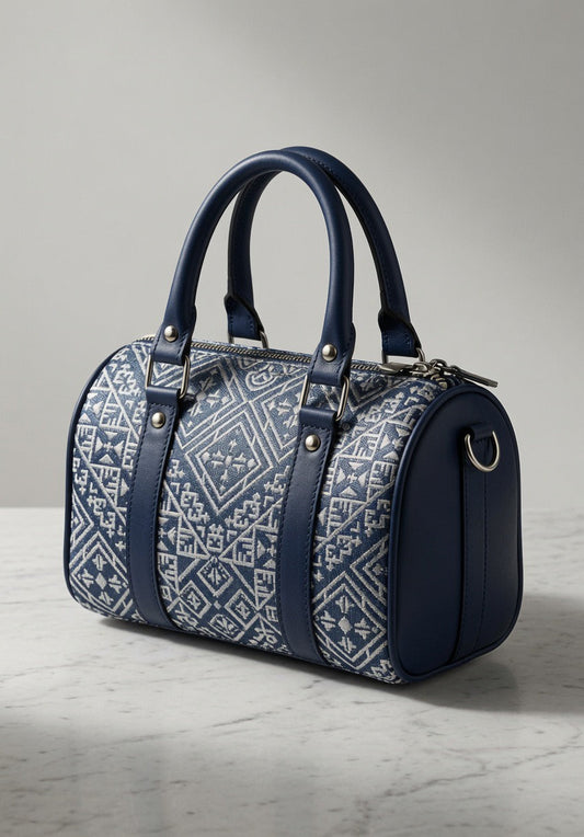Sac à Main "Blue Zellige" – Jacquard Bleu Marine & Cuir Marine