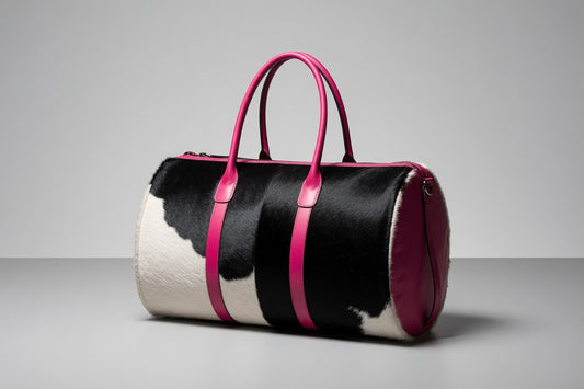 Sac de Voyage "Pixie" – Weekender Vache Noir & Blanc, Anses Fuchsia