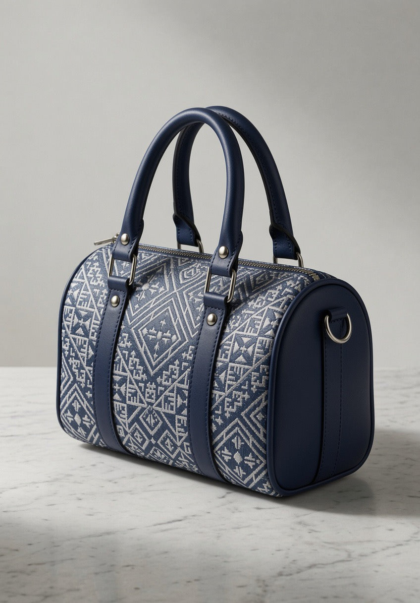 Sac à Main "Blue Zellige" – Jacquard Bleu Marine & Cuir Marine